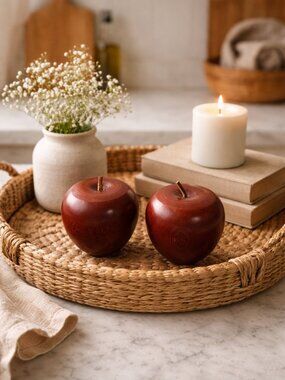 Vintage Hand-Turned Wooden Apples Set of 2 Leather Stem Rustic Mid Century Decor